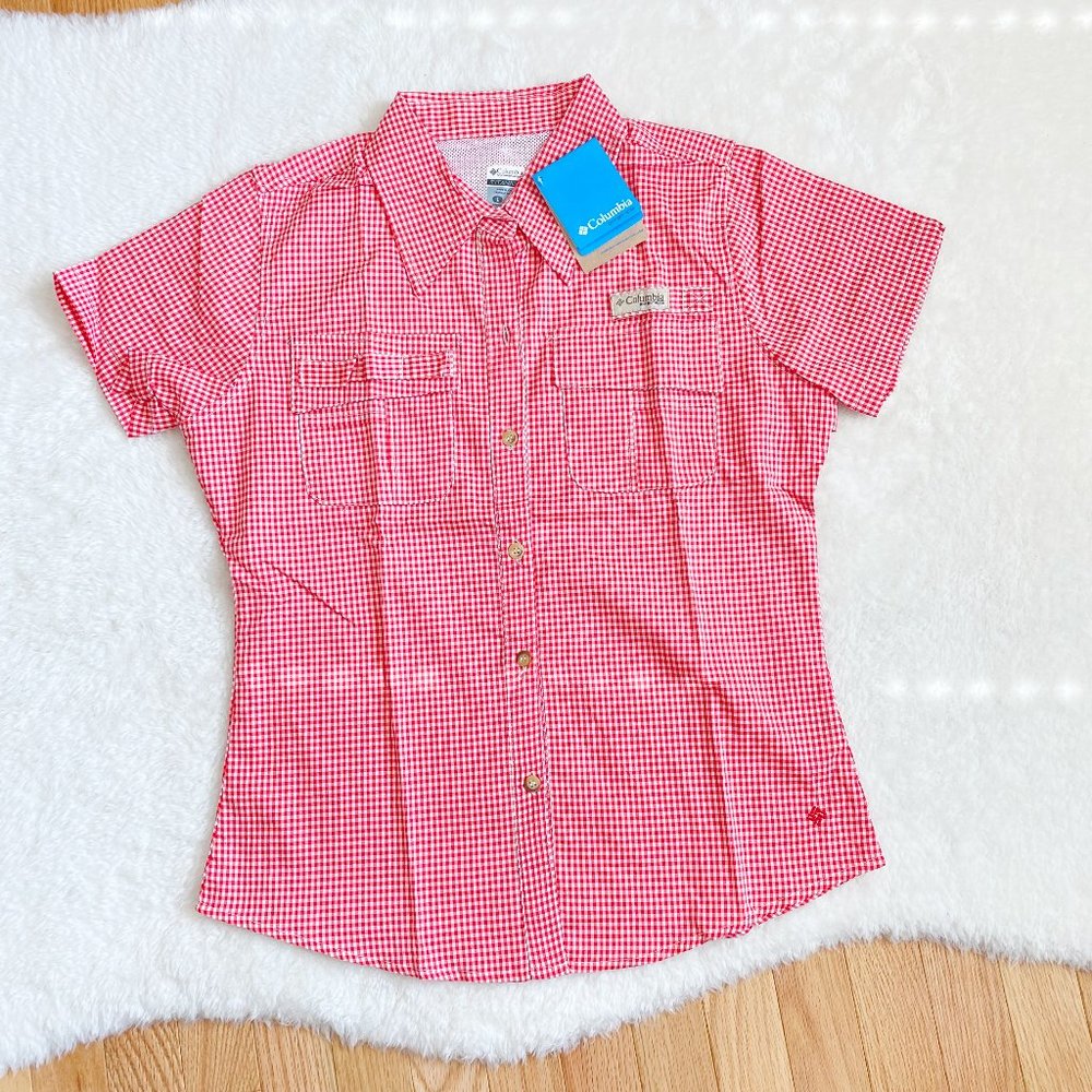 Columbia, Women's PFG Bonehead Short Sleeve Shirts, Red Plaid, Size S / L